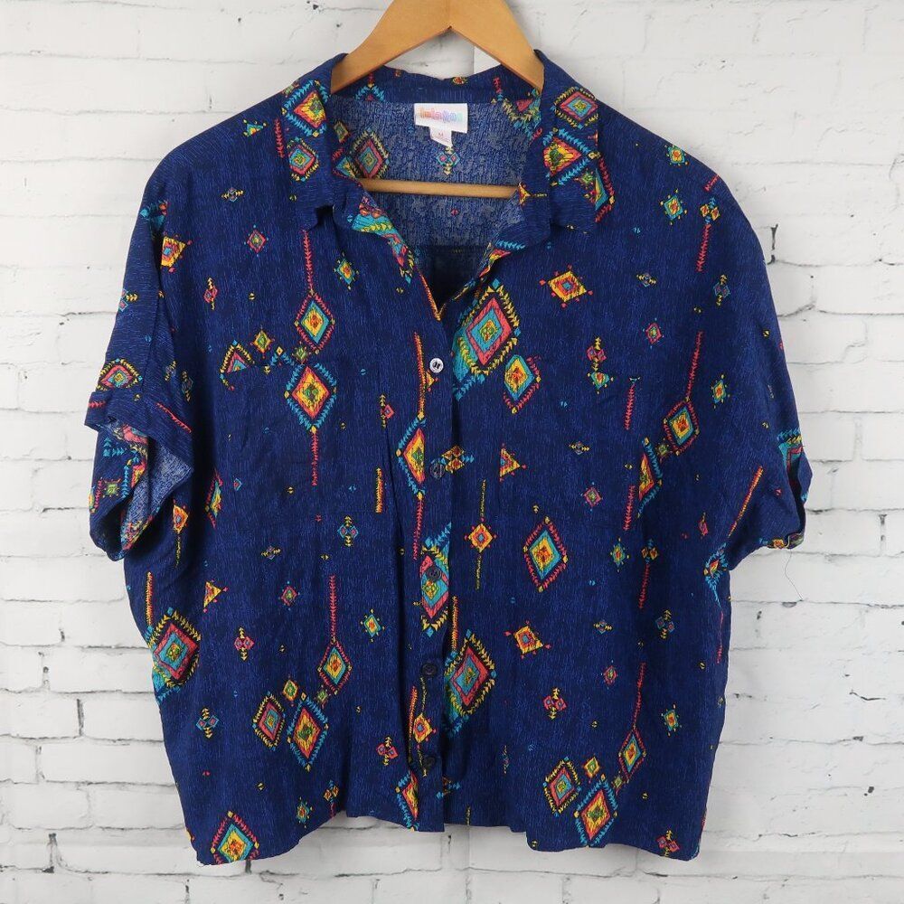 LULAROE BLUE AZTEC PRINT SHORT SLEEVE CROPPED BUTTON DOWN BOX TOP SIZE MEDIUM